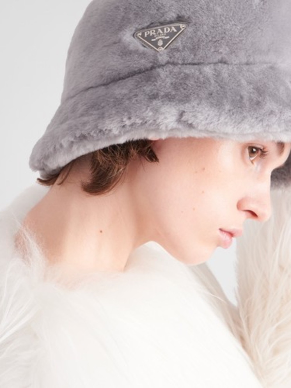 Prada Shearling Bucket Hat Enamel Triangle Logo Silk Lined – New